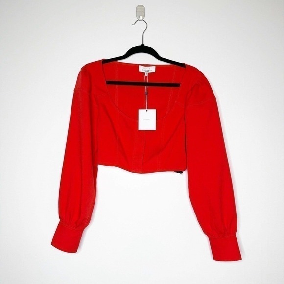 NWT L'Academie Crop Button Down Top Women's Long Sleeve Red Size M - Picture 1 of 6
